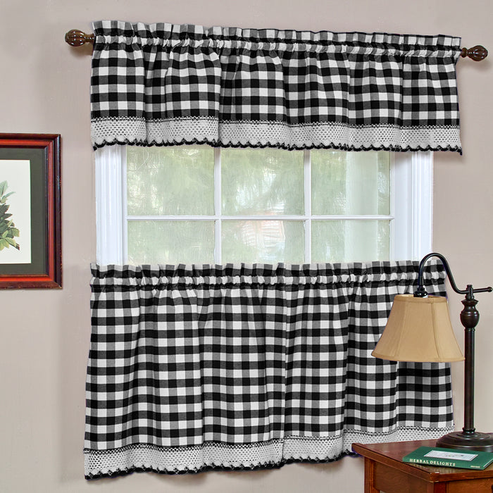 Check Window Curtain Tier Pair - Buffalo, 58 Inches Width, 2 Tiers, Light Filtering, Polyester Cotton Blend - Black - 58x24