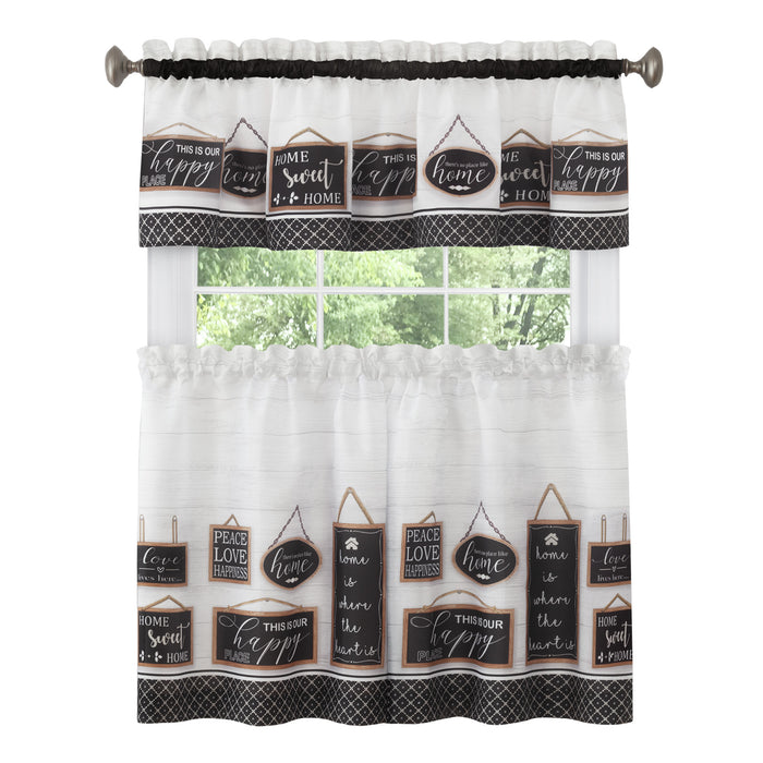 Modern Farmhouse Tier and Valance Set with Wood Textured Design and Cute Love Signs - Window Curtains, 58x13 inches - Black - 58x36