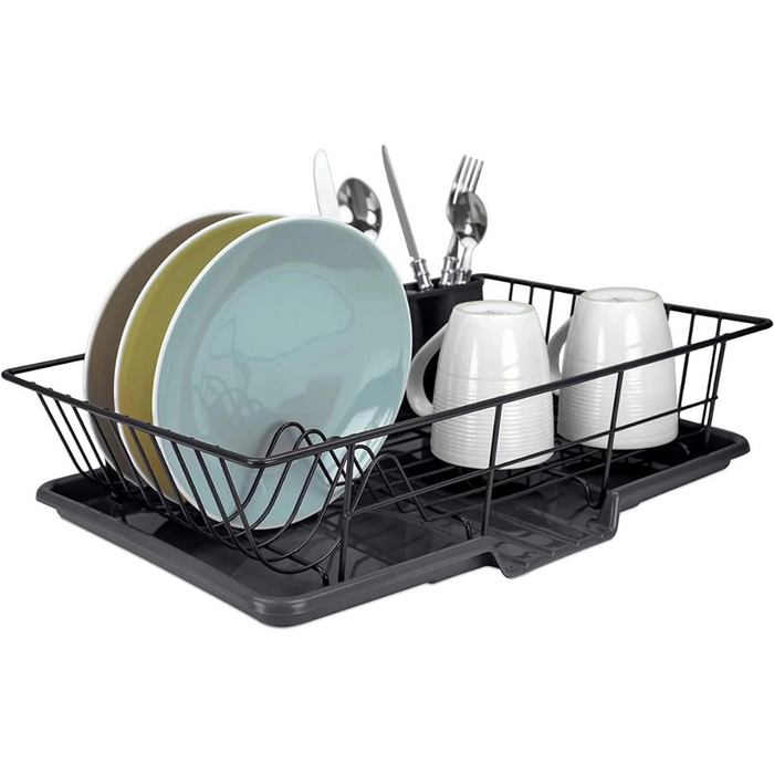 Extra Large 3 Piece Dish Rack Sink Set with Removable Drainboard & Utensil Holder - Heavy Duty Coated Wire - 19" x 12" x 5" - Black