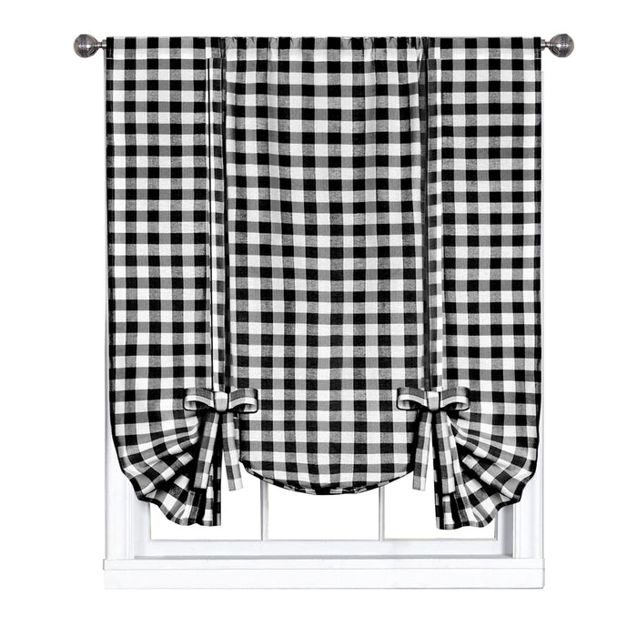 Buffalo Check Window Curtain Tie Up Shade, 42 Inches Wide, Light Filtering Effect, Easy Care Blend - Black