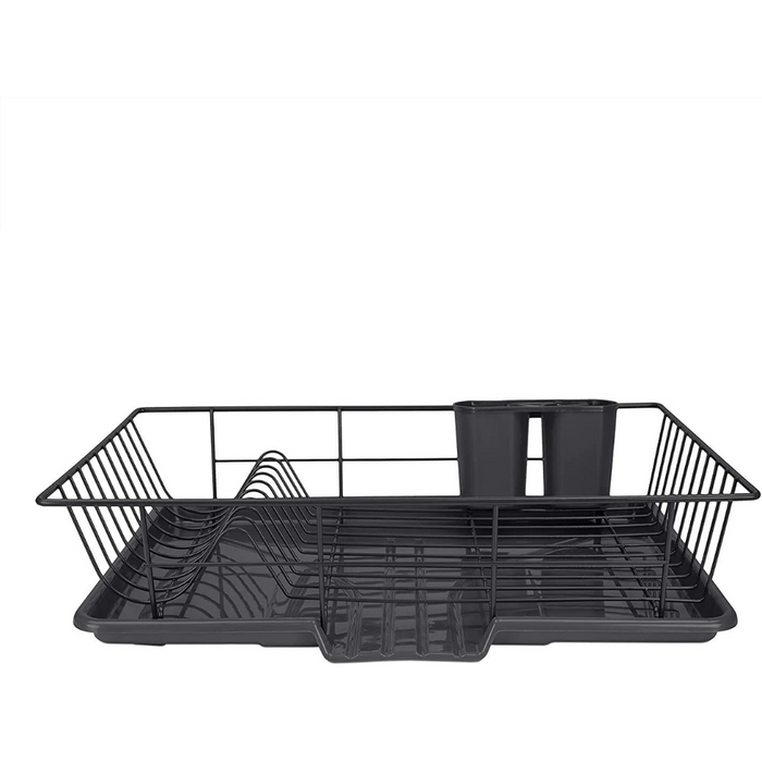 Extra Large 3 Piece Dish Rack Sink Set with Removable Drainboard & Utensil Holder - Heavy Duty Coated Wire - 19" x 12" x 5" - Black