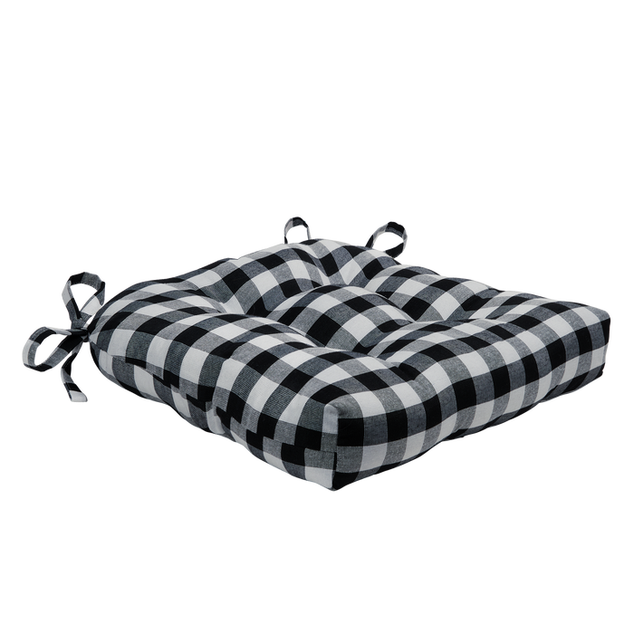 Check Tufted Chair Seat Cushions - Set of 2 with Stain-Repellent Poly-Cotton Fabric - Black/White
