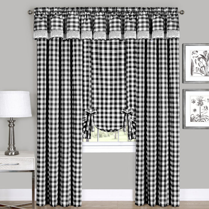 Buffalo Check Window Curtain Tie Up Shade, 42 Inches Wide, Light Filtering Effect, Easy Care Blend - Black