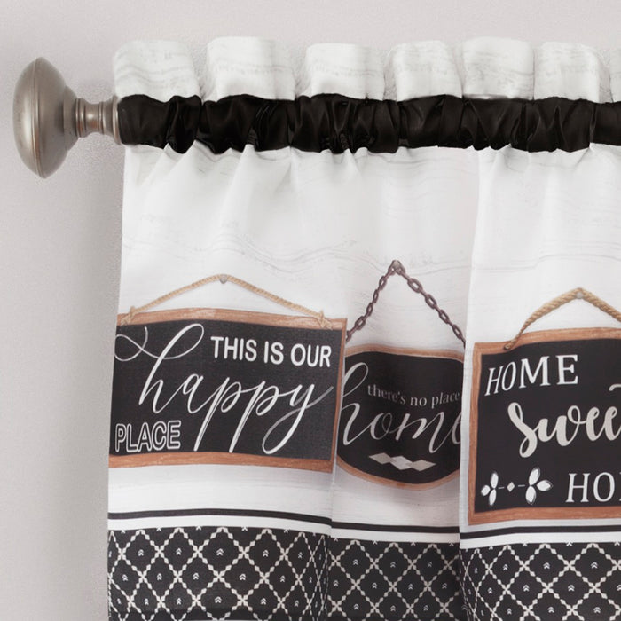 Modern Farmhouse Tier and Valance Set with Wood Textured Design and Cute Love Signs - Window Curtains, 58x13 inches - Black - 58x36