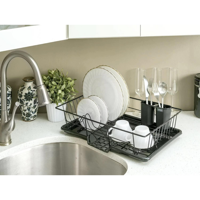 Extra Large 3 Piece Dish Rack Sink Set with Removable Drainboard & Utensil Holder - Heavy Duty Coated Wire - 19" x 12" x 5" - Black