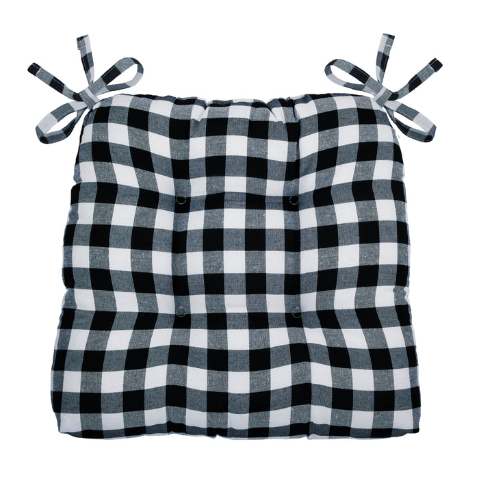 Check Tufted Chair Seat Cushions - Set of 2 with Stain-Repellent Poly-Cotton Fabric - Black/White