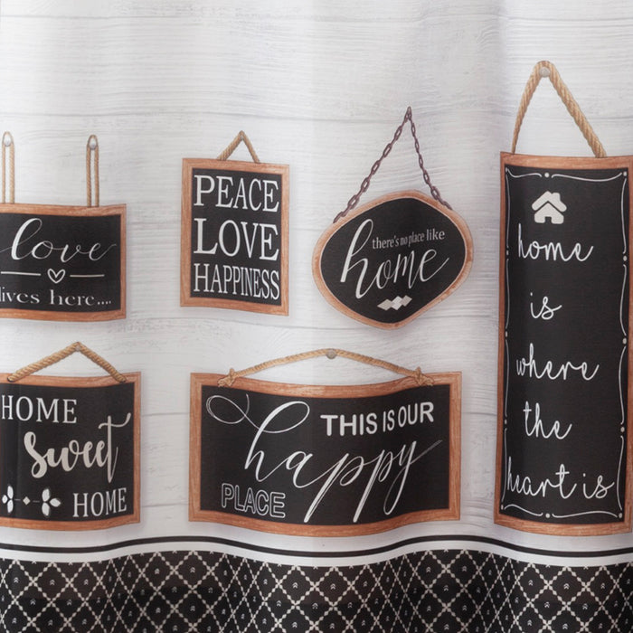 Modern Farmhouse Tier and Valance Set with Wood Textured Design and Cute Love Signs - Window Curtains, 58x13 inches - Black - 58x36