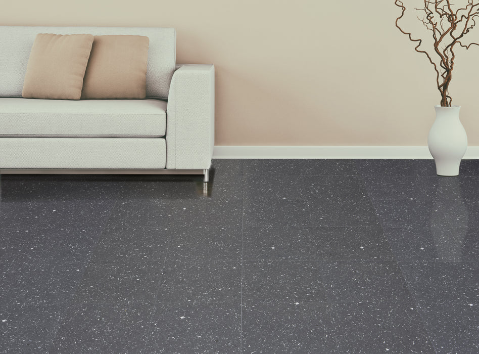 Sterling 12x12 Self Adhesive Vinyl Floor Tile - 20 Tiles, 1-Year Warranty - Black Speckled Granite