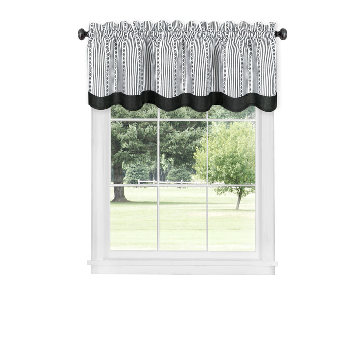 Westport Window Curtain Valance - Double Layer Scalloped Look with Pinstripes and Geometric Flower Accents - Black/White