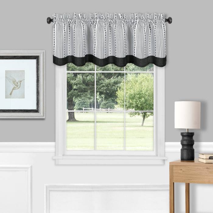 Westport Window Curtain Valance - Double Layer Scalloped Look with Pinstripes and Geometric Flower Accents - Black/White