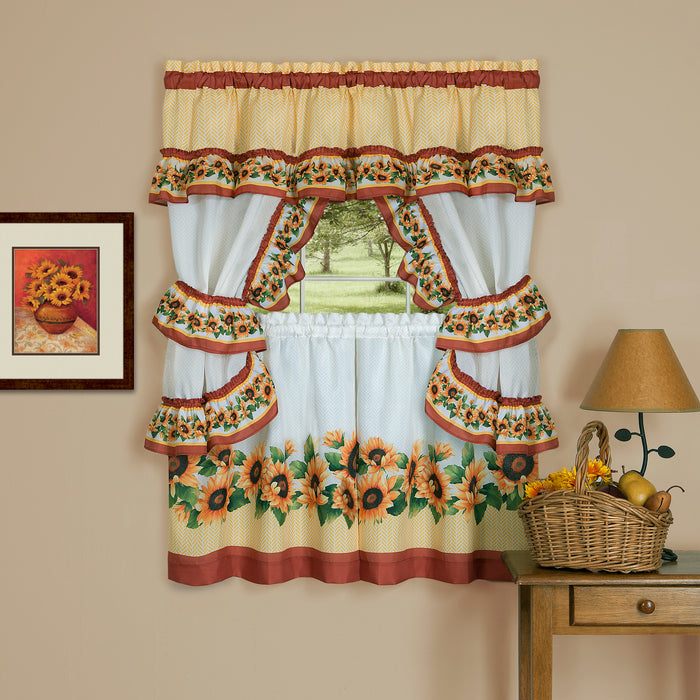 Cottage Window Curtain Set - Black Eyed Susan, 5-Piece with Valance, Tiers, and Tiebacks - Spice - 57x36