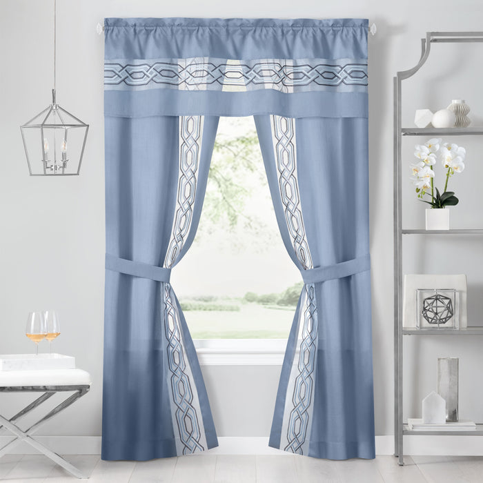 Paige 5 Piece Window Curtain Set - Valance, Panels, and Tie Backs Included - Blue - 55x63