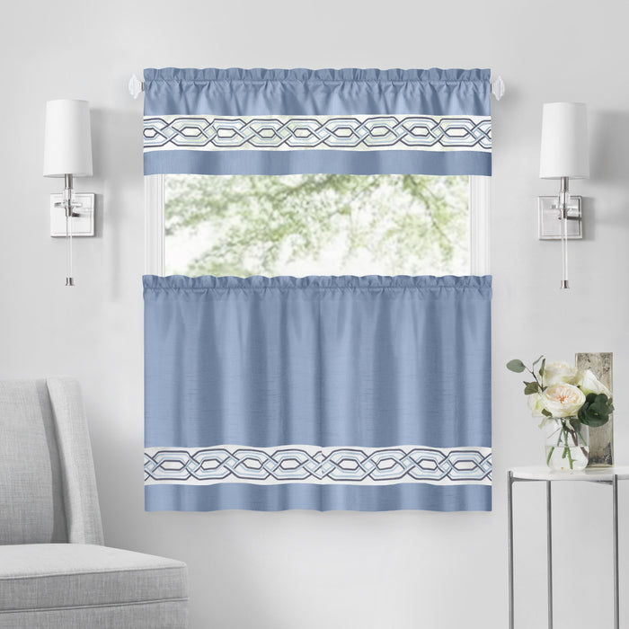 Paige Tier and Valance Window Curtain Set - Complete Ensemble with 58-Inch Width - Blue - 55x36