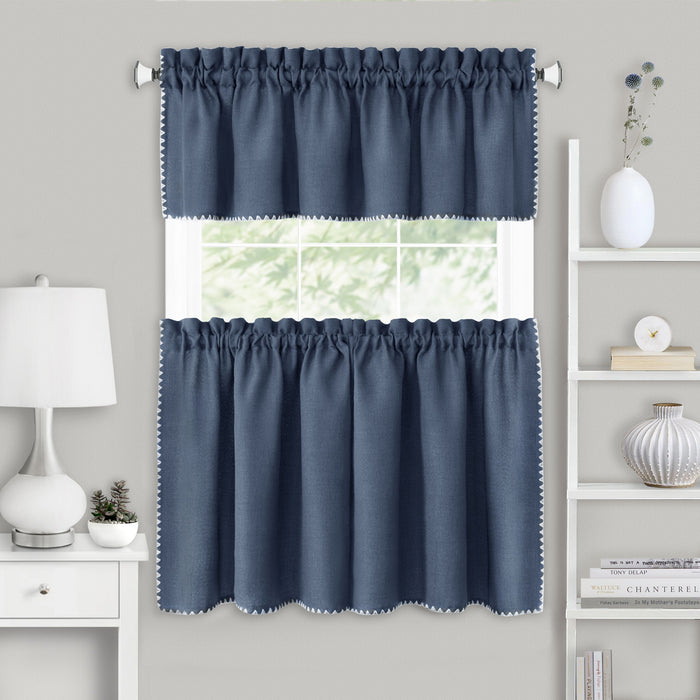 Kendal Tier and Valance Window Curtain Set - Complete Ensemble with 58-Inch Width - Blue/White - 58x36