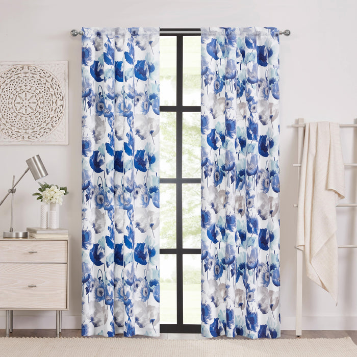 Field Rod Pocket Window Curtain Panel - Poppy Print, Room Darkening, Machine Washable, 50 inch Width - Blue - 50x63