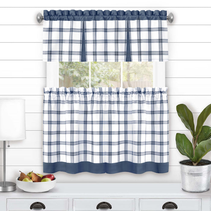 Tate Tier and Valance Window Set - Plaid Window Curtains with 53" Valance Width - 58x36 - Blue