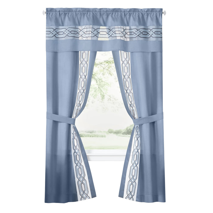 Paige 5 Piece Window Curtain Set - Valance, Panels, and Tie Backs Included - Blue - 55x63