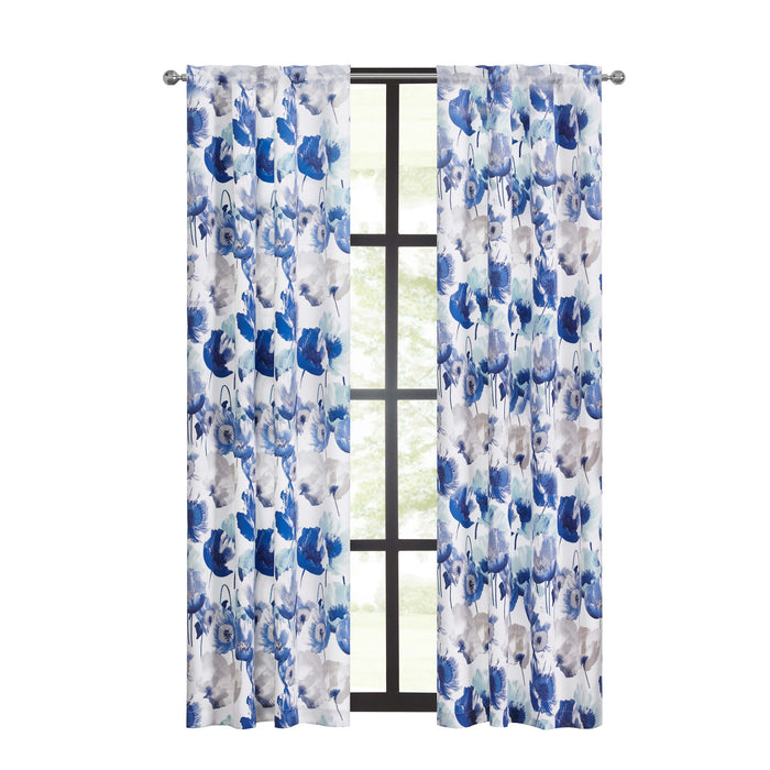 Field Rod Pocket Window Curtain Panel - Poppy Print, Room Darkening, Machine Washable, 50 inch Width - Blue - 50x63