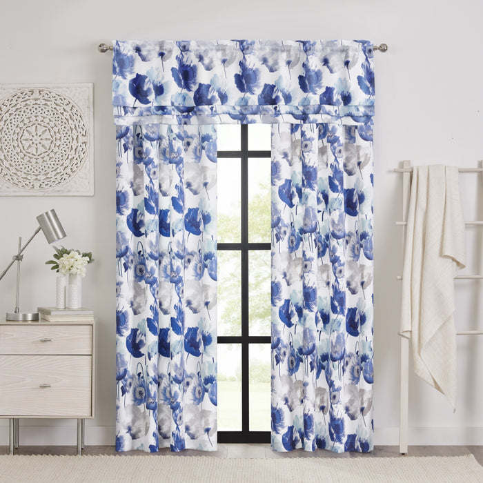 Field Rod Pocket Window Curtain Panel - Poppy Print, Room Darkening, Machine Washable, 50 inch Width - Blue - 50x63