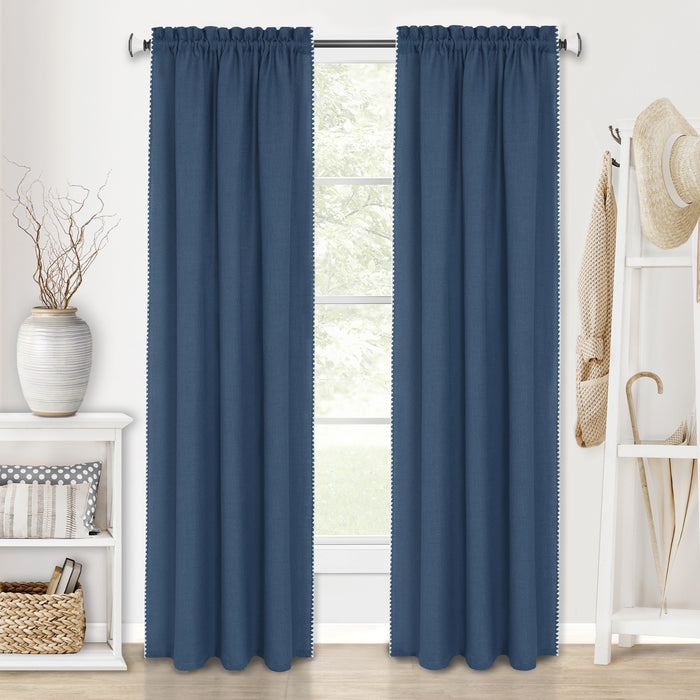 Kendal Rod Pocket Window Curtain Panel - 42 Inches Width - Light Filtering - Machine Washable - Geometric Diamond Clipped Design - Textiles & Soft Furnishings - Blue/White - 52x84