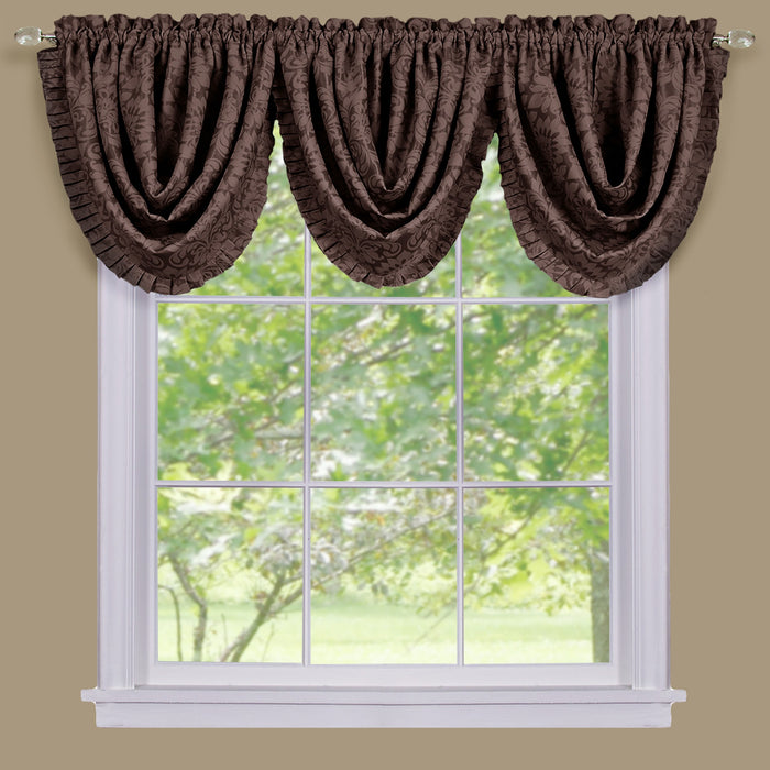 Sutton Waterfall Valance - Soft Damask Fabric, 1.5 Inch Rod Pocket, Machine Washable Polyester Material - Curtains - Brown