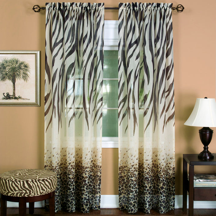 Kenya Window Curtain Panel by Masterpieces - Leopard and Zebra Print, Rod Pockets, 100% Polyester - Brown - 50x63