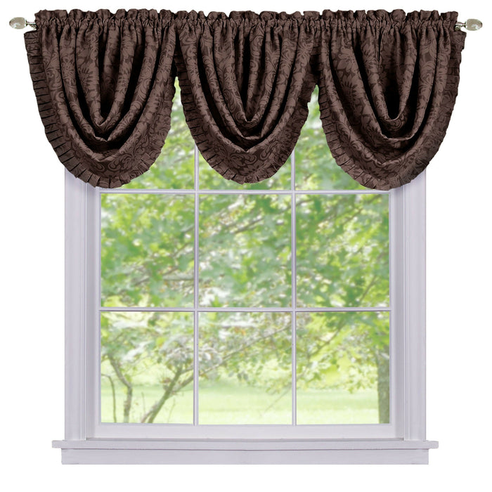 Sutton Waterfall Valance - Soft Damask Fabric, 1.5 Inch Rod Pocket, Machine Washable Polyester Material - Curtains - Brown