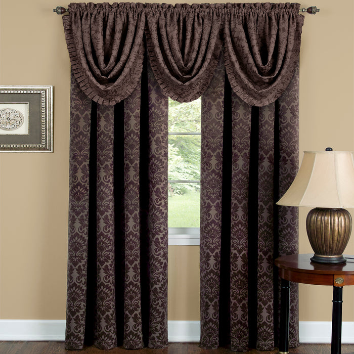 Sutton Waterfall Valance - Soft Damask Fabric, 1.5 Inch Rod Pocket, Machine Washable Polyester Material - Curtains - Brown