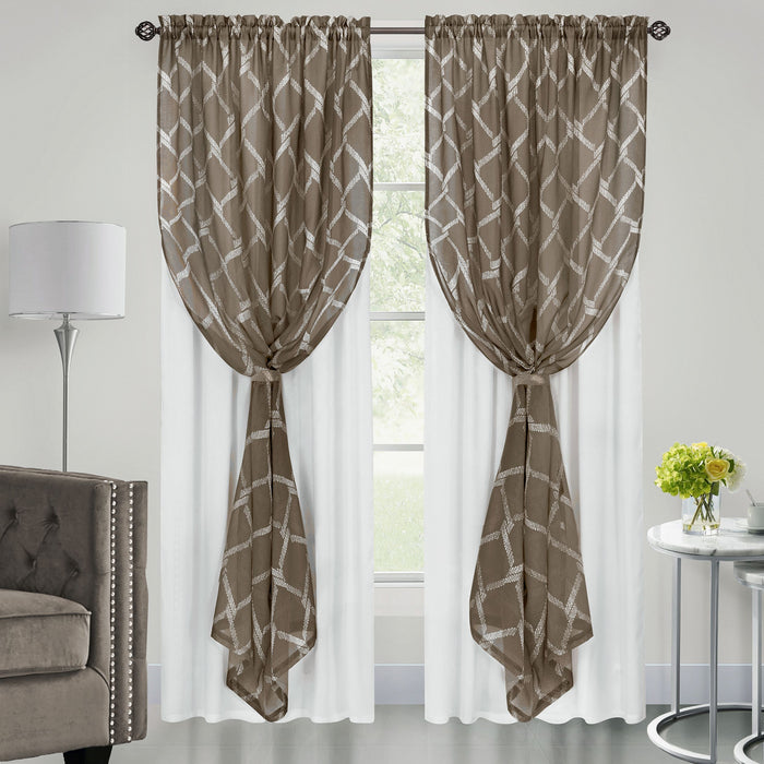 Double Layered Rod Pocket Window Curtain Panel - Brown - 52x63