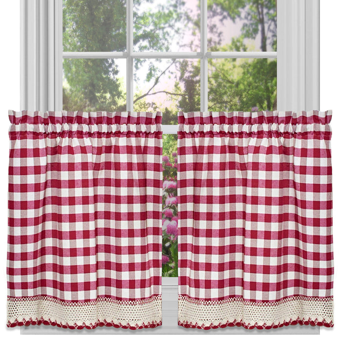 Check Window Curtain Tier Pair - Buffalo, 58 Inches Width, 2 Tiers, Light Filtering, Polyester Cotton Blend - Burgundy - 58x24