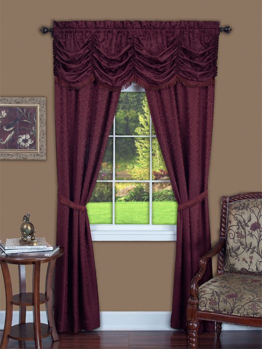 Panache 5 Piece Window Curtain Set - Austrian Valance, Damask Jacquard Fabric & Fringe - Burgundy - 55x84