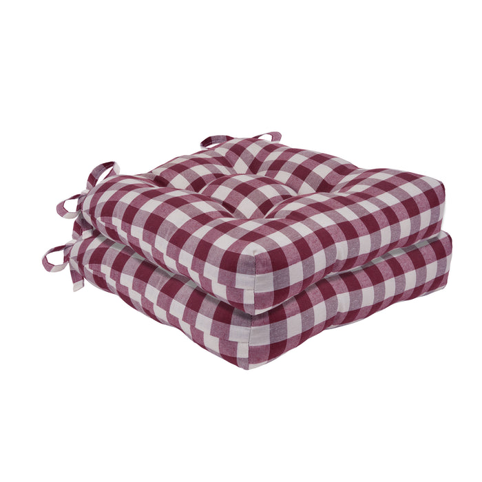 Check Tufted Chair Seat Cushions - Set of 2 with Stain-Repellent Poly-Cotton Fabric - Burgundy