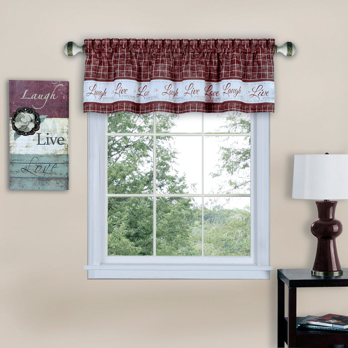 Window Curtain Valance - Live, Love, Laugh - Polyester Fabric - Easy Installation - Machine Washable - Burgundy