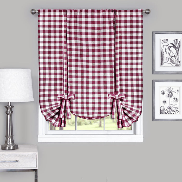 Buffalo Check Window Curtain Tie Up Shade, 42 Inches Wide, Light Filtering Effect, Easy Care Blend - Burgundy