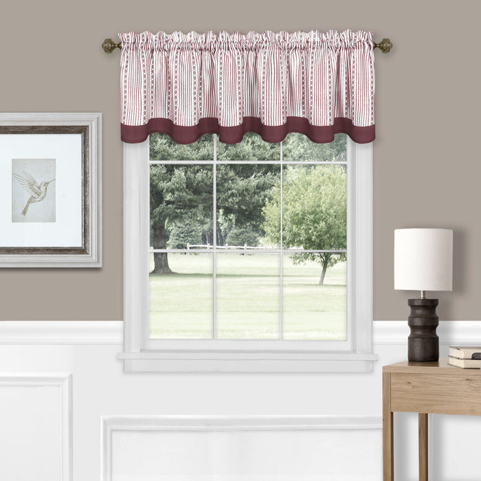 Westport Window Curtain Valance - Double Layer Scalloped Look with Pinstripes and Geometric Flower Accents - Burgundy