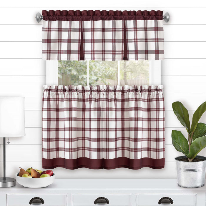 Tate Tier and Valance Window Set - Plaid Window Curtains with 53" Valance Width - Burgundy - 58x24