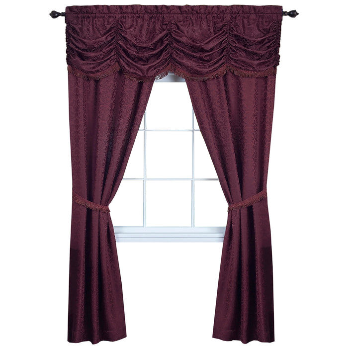 Panache 5 Piece Window Curtain Set - Austrian Valance, Damask Jacquard Fabric & Fringe - Burgundy - 55x84