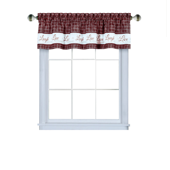 Window Curtain Valance - Live, Love, Laugh - Polyester Fabric - Easy Installation - Machine Washable - Burgundy