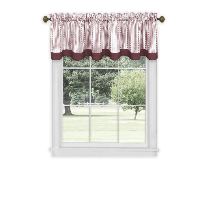 Westport Window Curtain Valance - Double Layer Scalloped Look with Pinstripes and Geometric Flower Accents - Burgundy