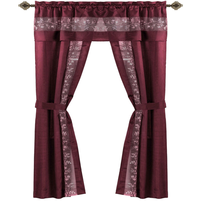 Fairfield 5 Piece Window Curtain Set with Embroidered Sheer Stripe and Attached Valance - Burgundy - 55x84