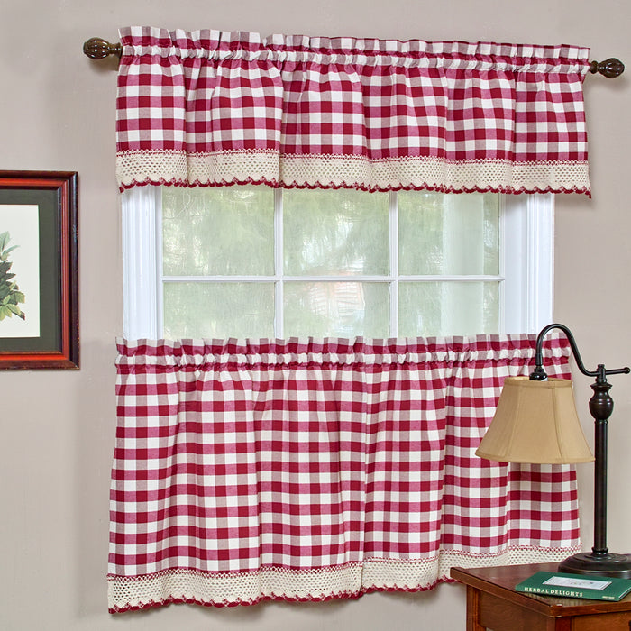 Check Window Curtain Tier Pair - Buffalo, 58 Inches Width, 2 Tiers, Light Filtering, Polyester Cotton Blend - Burgundy - 58x24