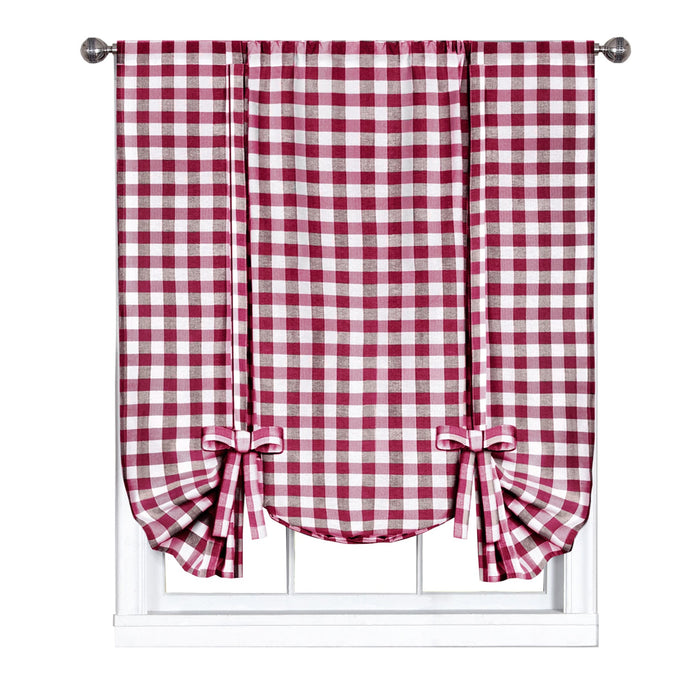 Buffalo Check Window Curtain Tie Up Shade, 42 Inches Wide, Light Filtering Effect, Easy Care Blend - Burgundy