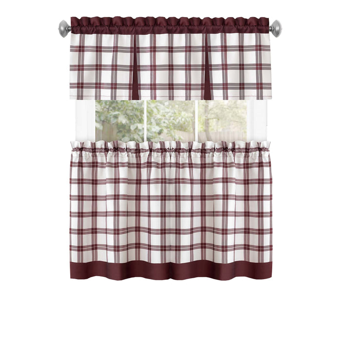 Tate Tier and Valance Window Set - Plaid Window Curtains with 53" Valance Width - Burgundy - 58x24