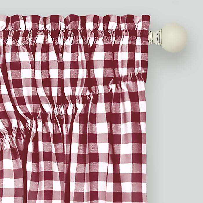 Check Gathered Swag Window Curtain Pair - Light Filtering Effect - Buffalo Style - 72x63 - Burgundy