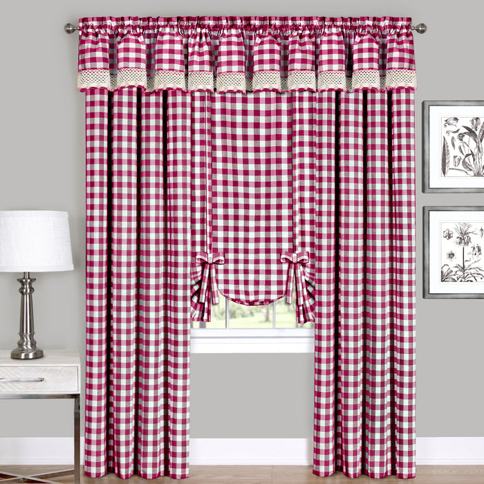 Buffalo Check Window Curtain Tie Up Shade, 42 Inches Wide, Light Filtering Effect, Easy Care Blend - Burgundy