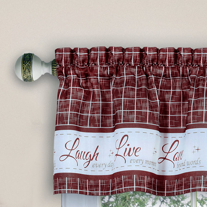 Window Curtain Valance - Live, Love, Laugh - Polyester Fabric - Easy Installation - Machine Washable - Burgundy