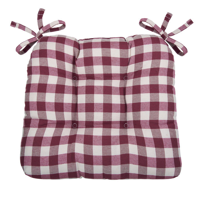 Check Tufted Chair Seat Cushions - Set of 2 with Stain-Repellent Poly-Cotton Fabric - Burgundy