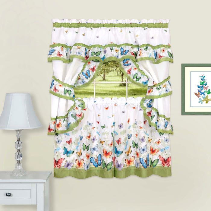 Cottage Window Curtain Set - Butterflies Printed, 5-Piece with Valance, Tiers, and Tiebacks