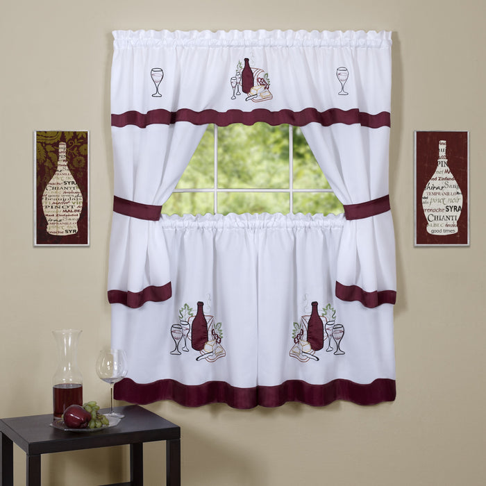 Embellished Cottage Window Curtain Set with Chefs Design, 5-Piece, Cabernet Style - 58x36