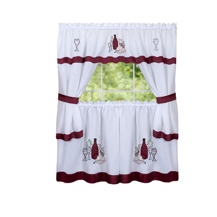 Embellished Cottage Window Curtain Set with Chefs Design, 5-Piece, Cabernet Style - 58x36